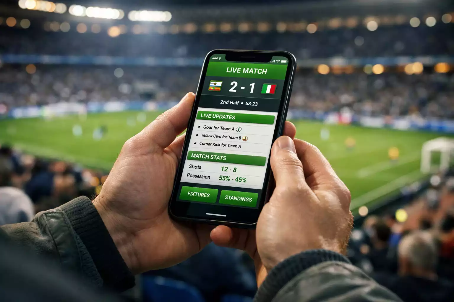 Handen houden smartphone vast tijdens voetbalwedstrijd in stadion